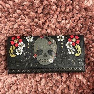 Loungefly Floral Skull Accordion Wallet with Red & Gold Accents